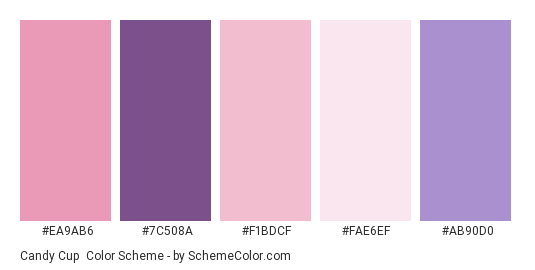 Candy Cup - Color scheme palette thumbnail - #EA9AB6 #7C508A #F1BDCF #FAE6EF #AB90D0 