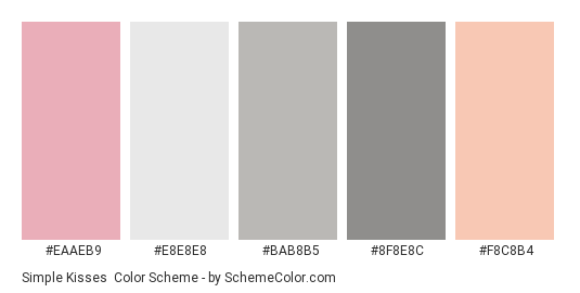 Simple Kisses - Color scheme palette thumbnail - #EAAEB9 #E8E8E8 #BAB8B5 #8F8E8C #F8C8B4 
