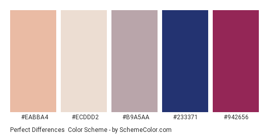 Perfect Differences - Color scheme palette thumbnail - #EABBA4 #ECDDD2 #B9A5AA #233371 #942656 