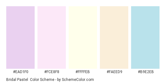Bridal Pastel - Color scheme palette thumbnail - #EAD1F0 #FCE8F8 #FFFFEB #FAEED9 #B9E2EB 