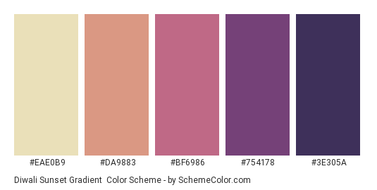 Diwali Sunset Gradient - Color scheme palette thumbnail - #EAE0B9 #DA9883 #BF6986 #754178 #3E305A 