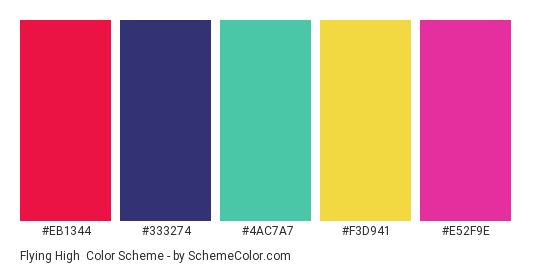 Flying High - Color scheme palette thumbnail - #EB1344 #333274 #4AC7A7 #f3d941 #E52F9E 