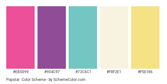 Popstar - Color scheme palette thumbnail - #EB5099 #904C97 #73C6C1 #F8F2E1 #F5E186 