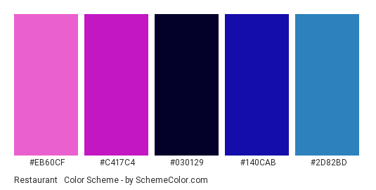 Restaurant & Bar - Color scheme palette thumbnail - #EB60CF #C417C4 #030129 #140CAB #2D82BD 