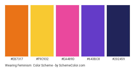 Wearing Feminism - Color scheme palette thumbnail - #EB7317 #F9C932 #EA489D #643BC8 #202459 