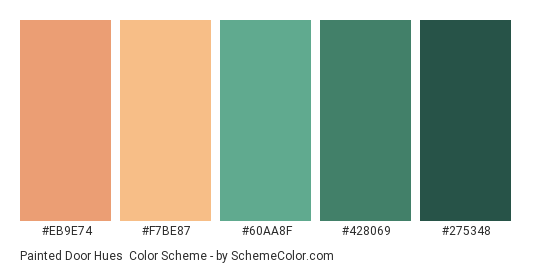 Painted Door Hues - Color scheme palette thumbnail - #EB9E74 #F7BE87 #60AA8F #428069 #275348 