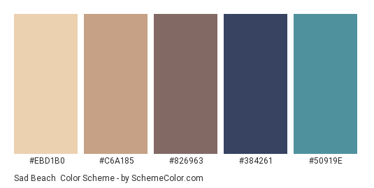 Sad Beach - Color scheme palette thumbnail - #EBD1B0 #C6A185 #826963 #384261 #50919E 