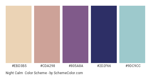 Night Calm - Color scheme palette thumbnail - #EBD3B5 #CDA298 #805A8A #2D2F66 #9DC9CC 