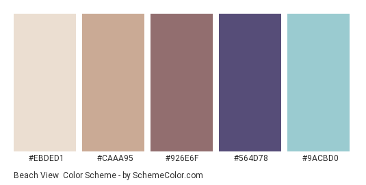 Beach View - Color scheme palette thumbnail - #EBDED1 #CAAA95 #926E6F #564D78 #9ACBD0 