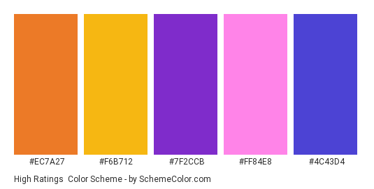 High Ratings - Color scheme palette thumbnail - #EC7A27 #F6B712 #7F2CCB #FF84E8 #4C43D4 