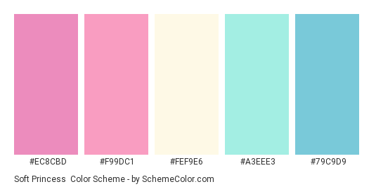Soft Princess - Color scheme palette thumbnail - #EC8CBD #F99DC1 #FEF9E6 #A3EEE3 #79C9D9 