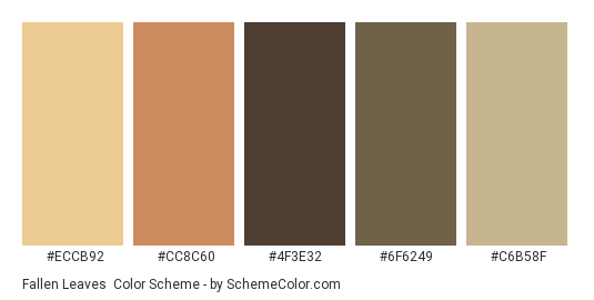 Fallen Leaves - Color scheme palette thumbnail - #ECCB92 #CC8C60 #4F3E32 #6F6249 #C6B58F 