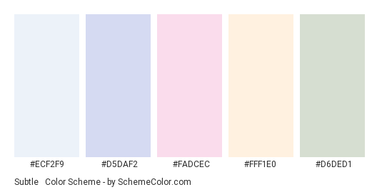 Subtle & Pale - Color scheme palette thumbnail - #ECF2F9 #D5DAF2 #FADCEC #FFF1E0 #D6DED1 