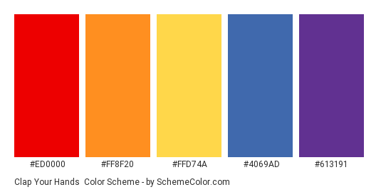 Clap Your Hands - Color scheme palette thumbnail - #ED0000 #FF8F20 #FFD74A #4069AD #613191 