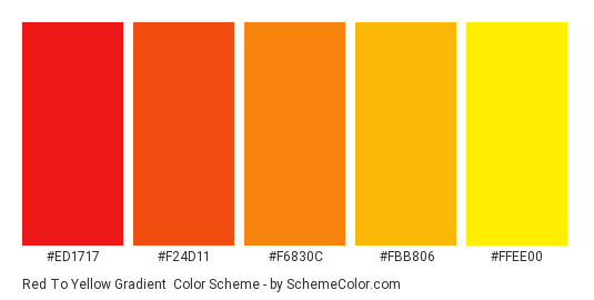 Red to Yellow Gradient - Color scheme palette thumbnail - #ED1717 #F24D11 #F6830C #FBB806 #FFEE00 
