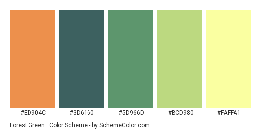 Forest Green & Orange - Color scheme palette thumbnail - #ED904C #3D6160 #5D966D #BCD980 #FAFFA1 