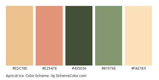 Apricot Ice - Color scheme palette thumbnail - #EDC18E #E29478 #435036 #81976E #FAE1B9 