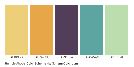 Humble Abode - Color scheme palette thumbnail - #EDCE79 #E7A748 #533E5A #5CA5A0 #BCDEAF 