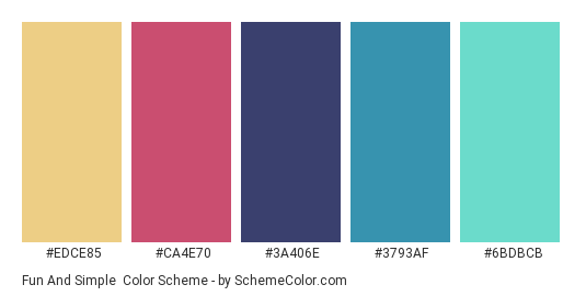 Fun and Simple - Color scheme palette thumbnail - #EDCE85 #CA4E70 #3A406E #3793AF #6BDBCB 