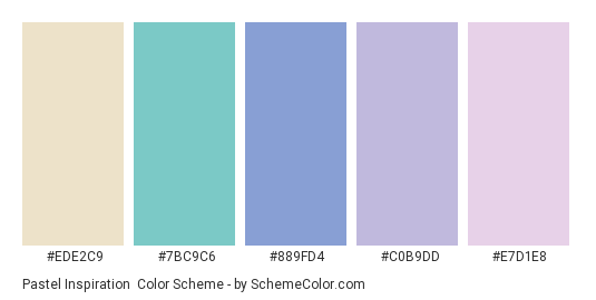 Pastel Inspiration - Color scheme palette thumbnail - #EDE2C9 #7BC9C6 #889FD4 #C0B9DD #E7D1E8 