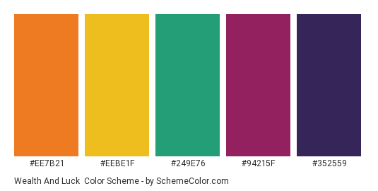 Wealth and Luck - Color scheme palette thumbnail - #EE7B21 #EEBE1F #249E76 #94215F #352559 
