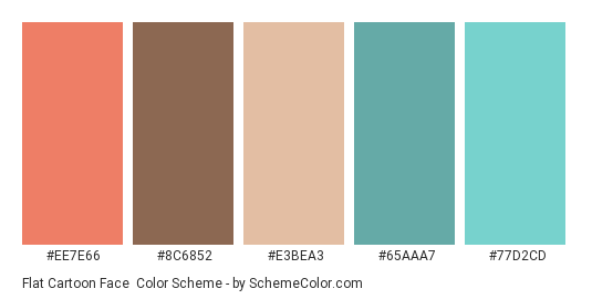 Flat Cartoon face - Color scheme palette thumbnail - #EE7E66 #8C6852 #E3BEA3 #65AAA7 #77D2CD 