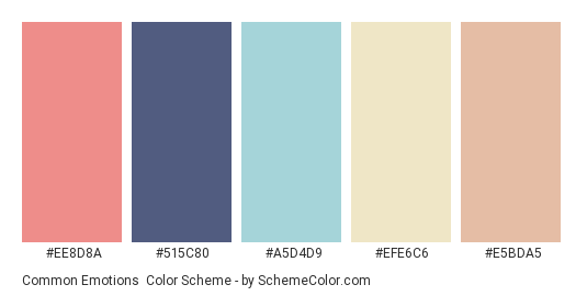 Common Emotions - Color scheme palette thumbnail - #EE8D8A #515C80 #A5D4D9 #EFE6C6 #E5BDA5 