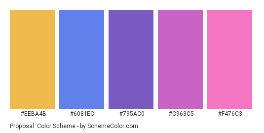 Proposal - Color scheme palette thumbnail - #EEBA4B #6081EC #795AC0 #C963C5 #F476C3 