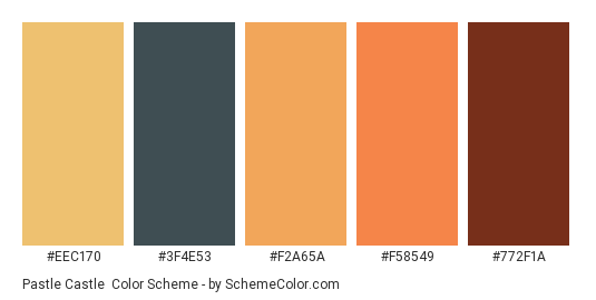 Pastle Castle - Color scheme palette thumbnail - #EEC170 #3F4E53 #F2A65A #F58549 #772F1A 