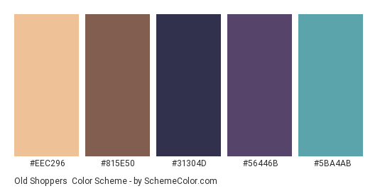 Old Shoppers - Color scheme palette thumbnail - #EEC296 #815E50 #31304D #56446B #5BA4AB 