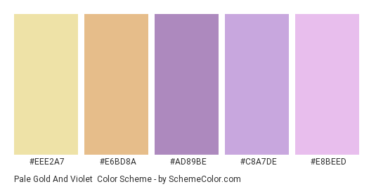 Pale Gold and Violet - Color scheme palette thumbnail - #EEE2A7 #E6BD8A #AD89BE #C8A7DE #E8BEED 