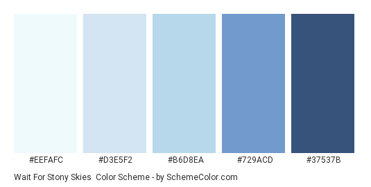 Wait for Stony Skies - Color scheme palette thumbnail - #EEFAFC #D3E5F2 #B6D8EA #729ACD #37537B 