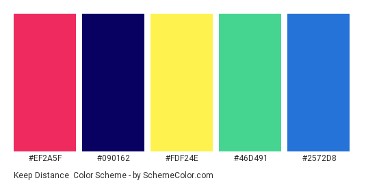 Keep Distance - Color scheme palette thumbnail - #EF2A5F #090162 #FDF24E #46D491 #2572D8 