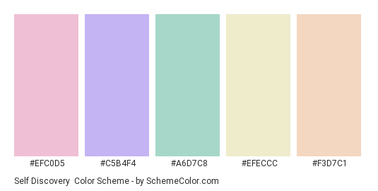 Self Discovery - Color scheme palette thumbnail - #EFC0D5 #C5B4F4 #A6D7C8 #EFECCC #F3D7C1 