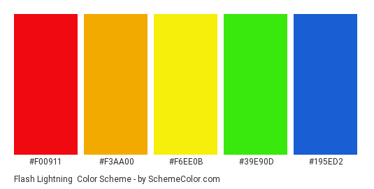 Flash Lightning - Color scheme palette thumbnail - #F00911 #F3AA00 #F6EE0B #39E90D #195ED2 