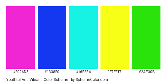 Youthful and Vibrant - Color scheme palette thumbnail - #F026D5 #1338F0 #16F2E4 #F7FF17 #2AE30B 