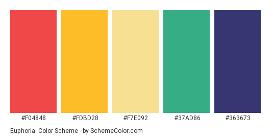 Euphoria - Color scheme palette thumbnail - #F04848 #FDBD28 #F7E092 #37AD86 #363673 