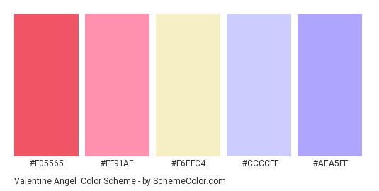 Valentine Angel - Color scheme palette thumbnail - #F05565 #FF91AF #F6EFC4 #CCCCFF #AEA5FF 