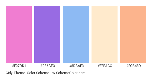 Girly Theme - Color scheme palette thumbnail - #F07DD1 #986BE3 #8DBAF3 #FFEACC #FCB48D 