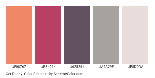Get Ready - Color scheme palette thumbnail - #F08767 #B84064 #625261 #A6A29E #E8DDDA 