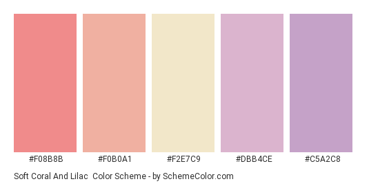 Soft Coral and Lilac - Color scheme palette thumbnail - #F08B8B #F0B0A1 #F2E7C9 #DBB4CE #C5A2C8 