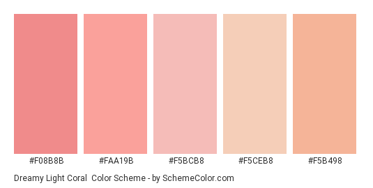 Dreamy Light Coral - Color scheme palette thumbnail - #F08B8B #FAA19B #F5BCB8 #F5CEB8 #F5B498 