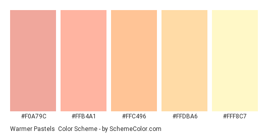 Warmer Pastels - Color scheme palette thumbnail - #F0A79C #FFB4A1 #FFC496 #FFDBA6 #FFF8C7 