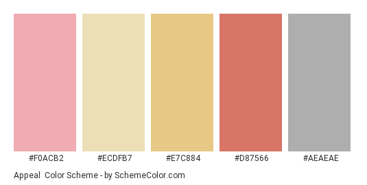 Appeal - Color scheme palette thumbnail - #F0ACB2 #ECDFB7 #E7C884 #D87566 #AEAEAE 