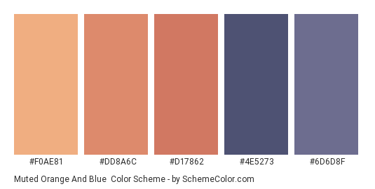 Muted Orange and Blue - Color scheme palette thumbnail - #F0AE81 #DD8A6C #D17862 #4E5273 #6D6D8F 