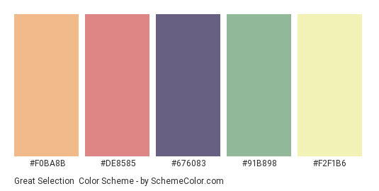 Great Selection - Color scheme palette thumbnail - #F0BA8B #DE8585 #676083 #91B898 #F2F1B6 