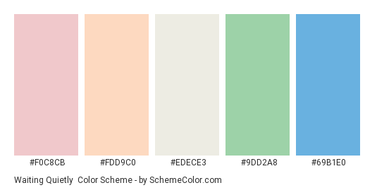 Waiting Quietly - Color scheme palette thumbnail - #F0C8CB #FDD9C0 #EDECE3 #9DD2A8 #69B1E0 
