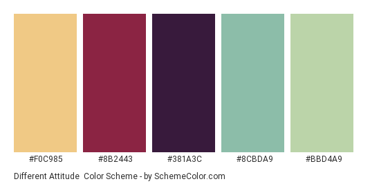 Different Attitude - Color scheme palette thumbnail - #F0C985 #8B2443 #381A3C #8CBDA9 #BBD4A9 