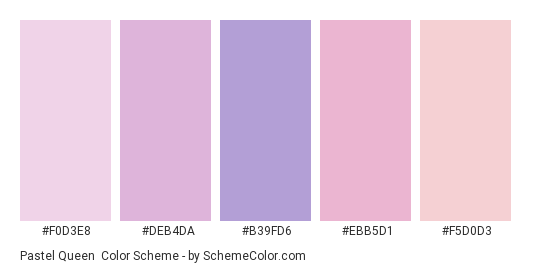 Pastel Queen - Color scheme palette thumbnail - #F0D3E8 #DEB4DA #B39FD6 #EBB5D1 #F5D0D3 