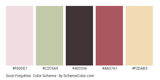 Soon Forgotten - Color scheme palette thumbnail - #F0DDE1 #C2C9A9 #403336 #AB5761 #F2DAB3 
